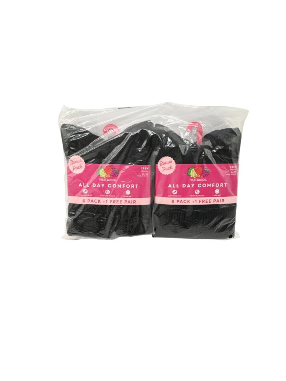 NIP Fruit of the Loom Lot of 2 7 Pack All Day Comfort Crew Socks Sz 4-10 Black